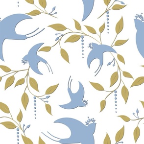 Crowned Swallows Wallpaper - Blue/Gold Leaves on White Wallpaper