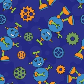 Dancing Robot Fabric in Blue, Orange, and Green