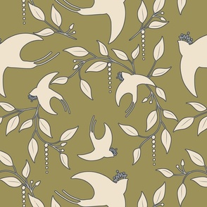 Crowned Swallow   - Cream/ Gold  Wallpaper