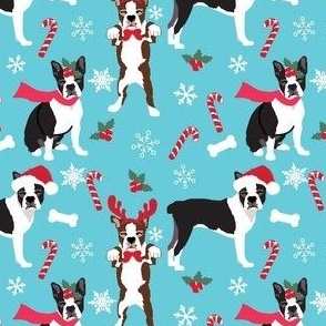 Christmas Boston Terrier dog Small Print Candy Cane snowflake Santa hat reindeer