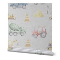 watercolor construction trucks on gray linen