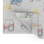 watercolor construction trucks on gray linen