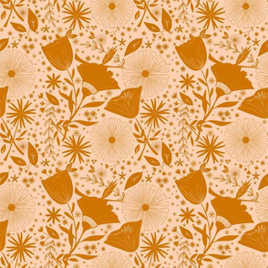California Wildflowers Vintage Boho Pattern In Golden Mustard and Blush Cottagecore Styl