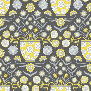 Jardiniere Damask with Flowers in Tall Vase in Yellow and Gray - LARGE Scale -  UnBlink Studio by Jackie Tahara