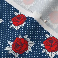 Tiny small Tattoo red rose retro blue white polka dots