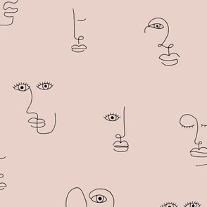 The minimalist faces picasso surrealism style inspired line drawing in ink coral blush black