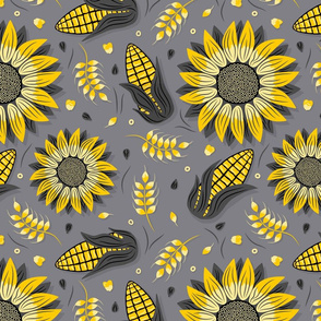 Yellow and Gray Sunflowers and Corn