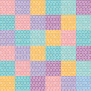 Polka dot background seamless pattern with orange pink lilac Very Peri blue square. 