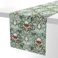 Sage Green Art Nouveau Pattern with Deep Red Flowers - custom colorway