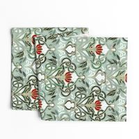 Sage Green Art Nouveau Pattern with Deep Red Flowers - custom colorway
