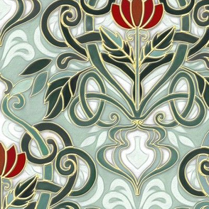 Sage Green Art Nouveau Pattern with Deep Red Flowers - custom colorway