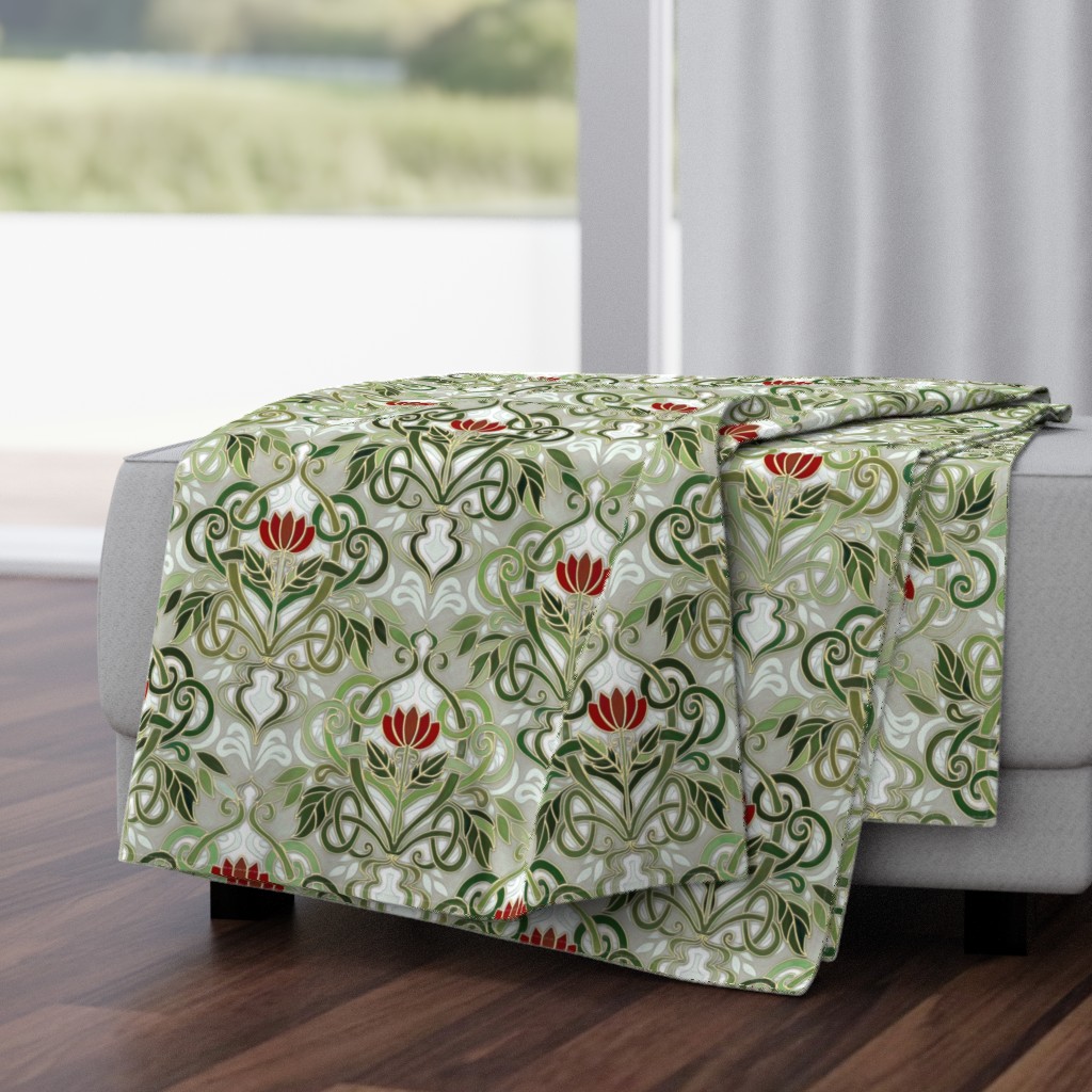 Olive Green Art Nouveau Pattern with Deep Red Flowers - custom colorway