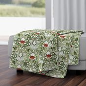 Olive Green Art Nouveau Pattern with Deep Red Flowers - custom colorway