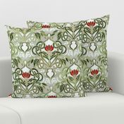 Olive Green Art Nouveau Pattern with Deep Red Flowers - custom colorway