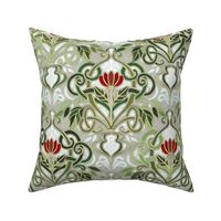 Olive Green Art Nouveau Pattern with Deep Red Flowers - custom colorway
