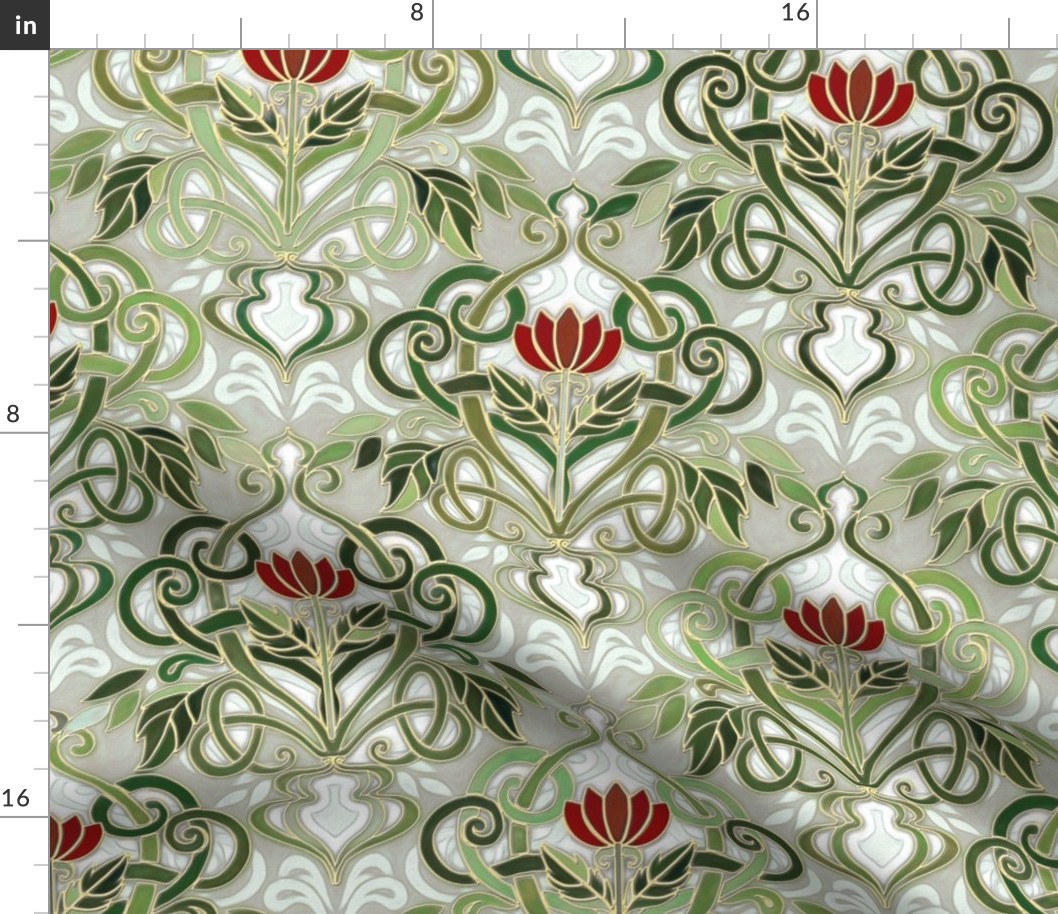 Olive Green Art Nouveau Pattern with Deep Red Flowers - custom colorway