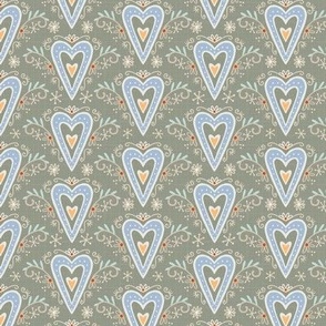 S  - hearts with ornaments on grey - Nr.4. Coordinate for Peaceful Forest - 3.5" fabric / 2" wallpaper.