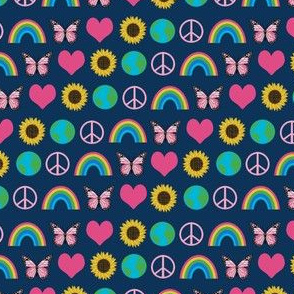 SMALL earth love fabric, peace, love, sunflowers, butterflies - earth fabric - navy and pink