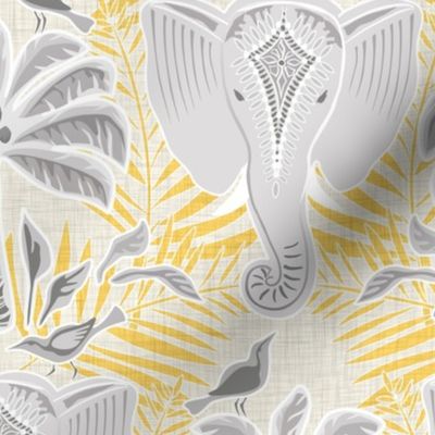 ganesa damask soft yellow  with linen texture - medium scale