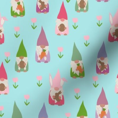 easter gnomes fabric - cute springtime tomten - light blue