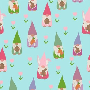 easter gnomes fabric - cute springtime tomten - light blue