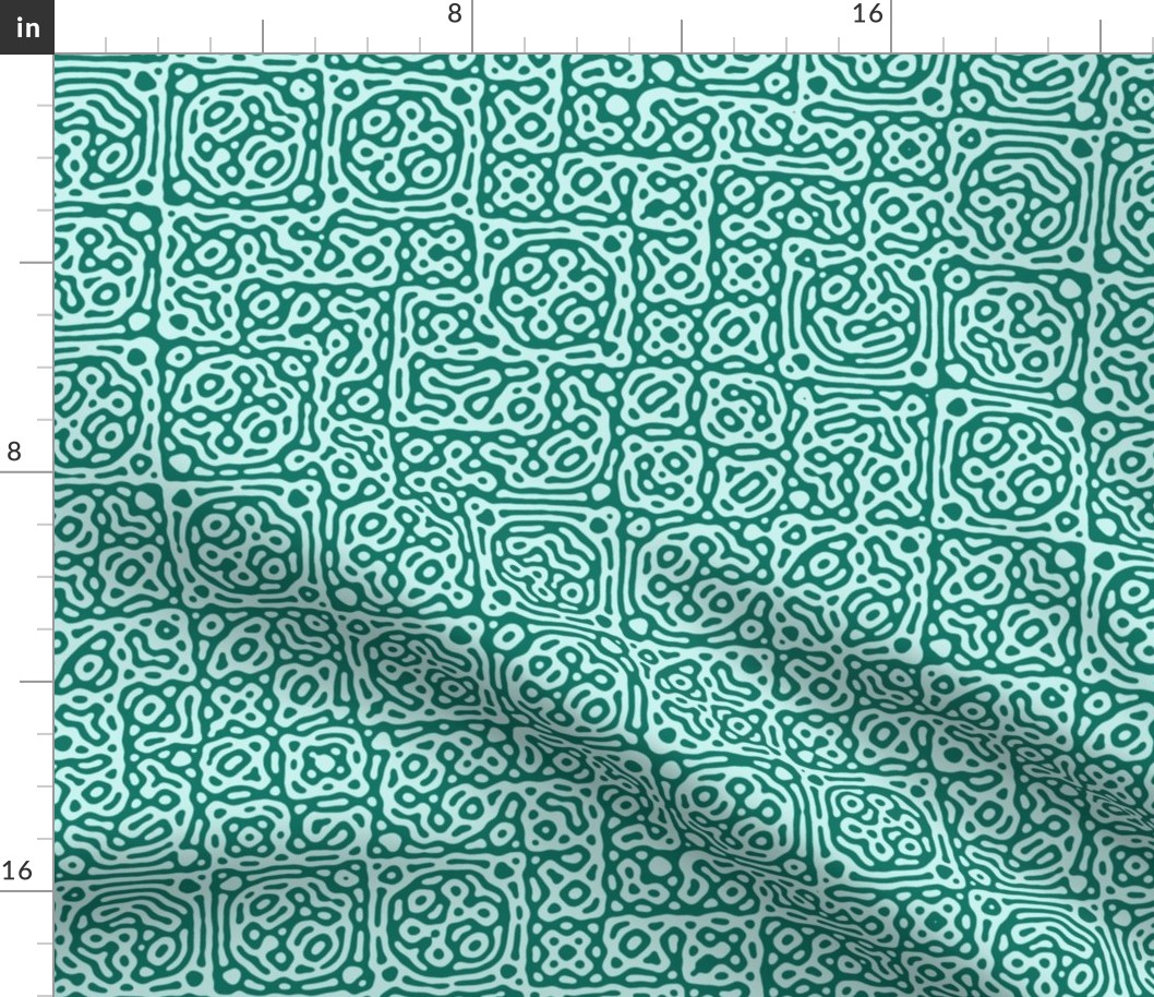 checkered mudcloth Turing pattern 4 - spruce green and pale blue