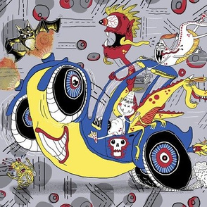get in the car, we're goin' for a ride! large scale, gray grey yellow red blue black and white