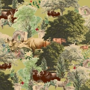Scenic Countryside Ox Print with Trees in Green and Brown
