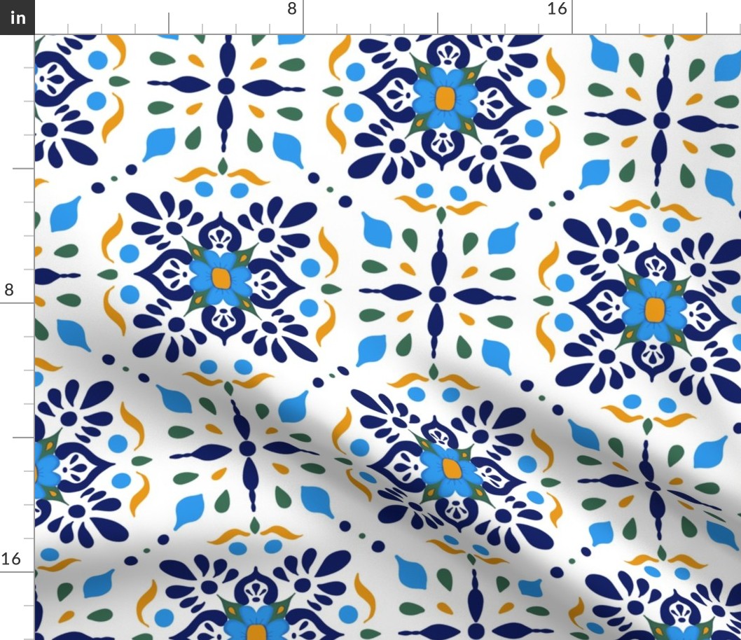 Portuguese Tiles Azulejos Large - Navy Blue Yellow Green 