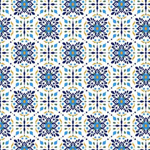 Portuguese Tiles Azulejos Medium Wallpaper Bedding Blue Navy Yellow Green Hand Drawn