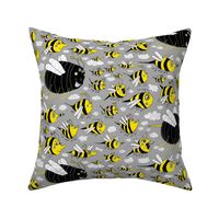 traffic jam, bee style! medium large scale, yellow gray grey black white bees