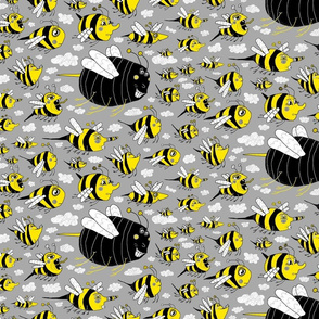 traffic jam, bee style! medium large scale, yellow gray grey black white bees