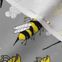 traffic jam, bee style! jumbo large scale, yellow gray grey black white bees