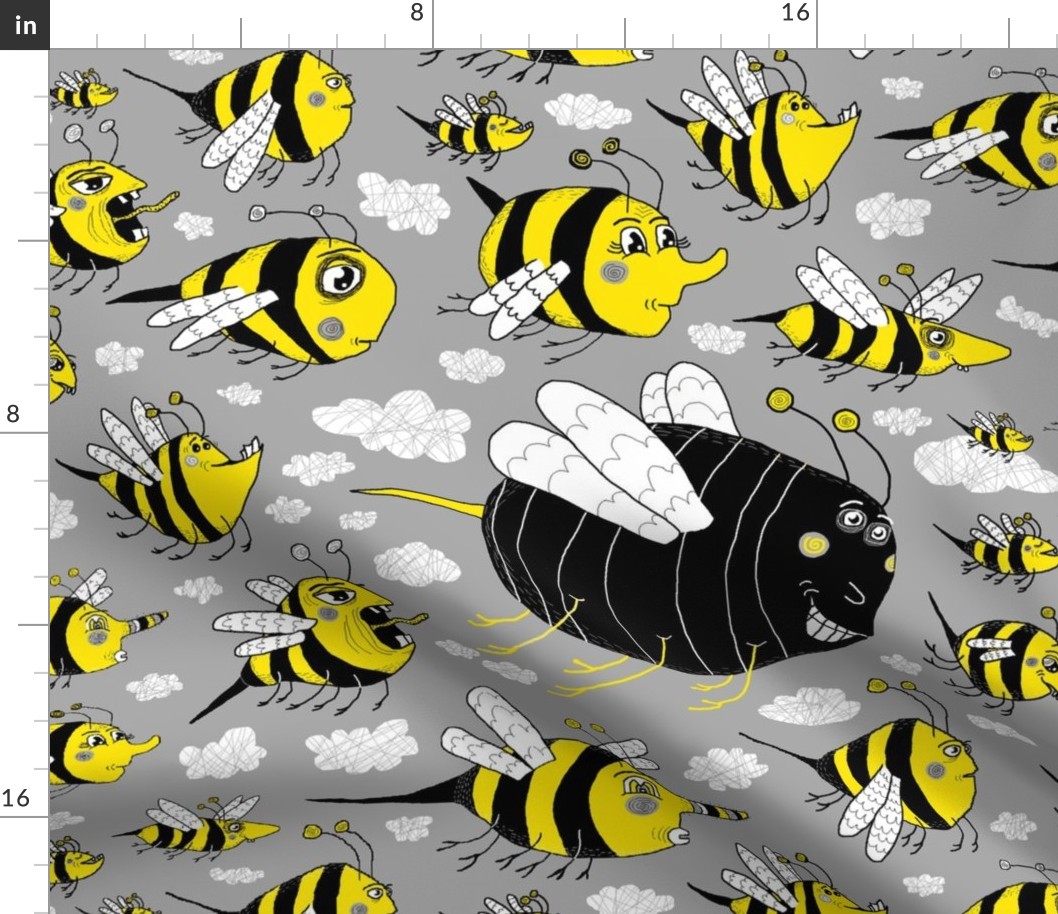 traffic jam, bee style! jumbo large scale, yellow gray grey black white bees