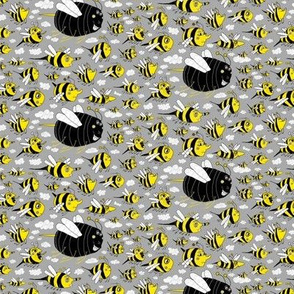 traffic jam, bee style! small scale, yellow gray grey black white bees