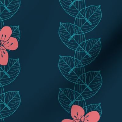 pink cherry flowers and linear blue leaves on navy blue background