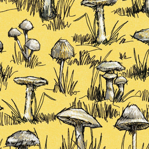 Toile Wild Mushrooms |Lg| Yellow Texture-Gray-Black-White