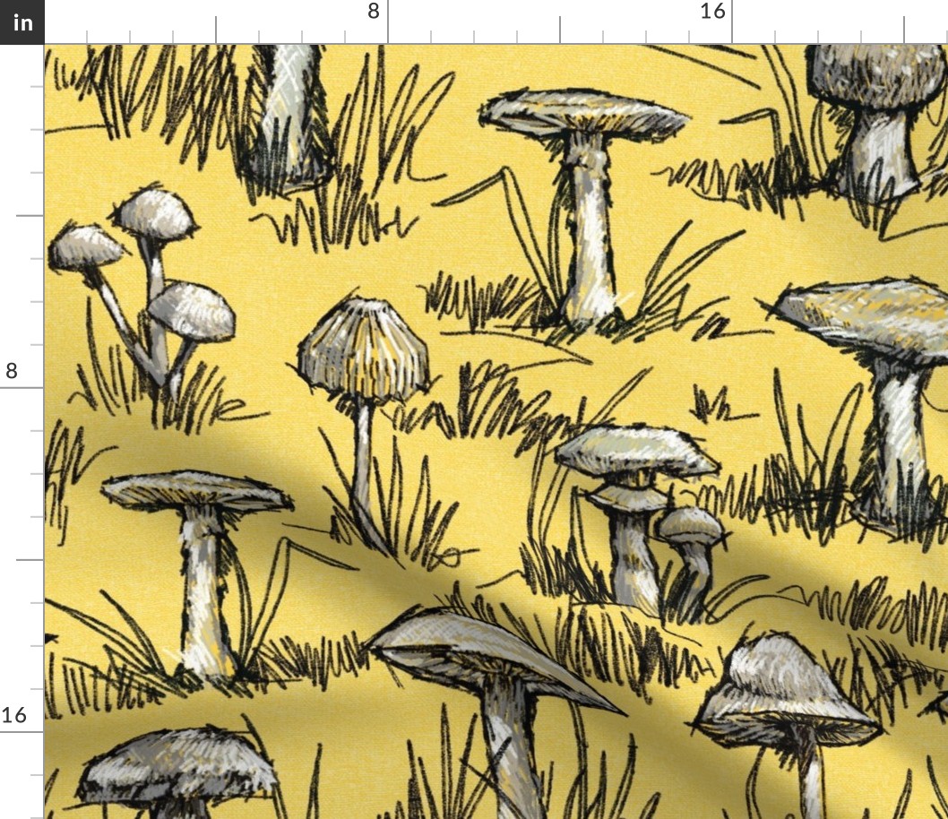 Toile Wild Mushrooms |Lg| Yellow Texture-Gray-Black-White