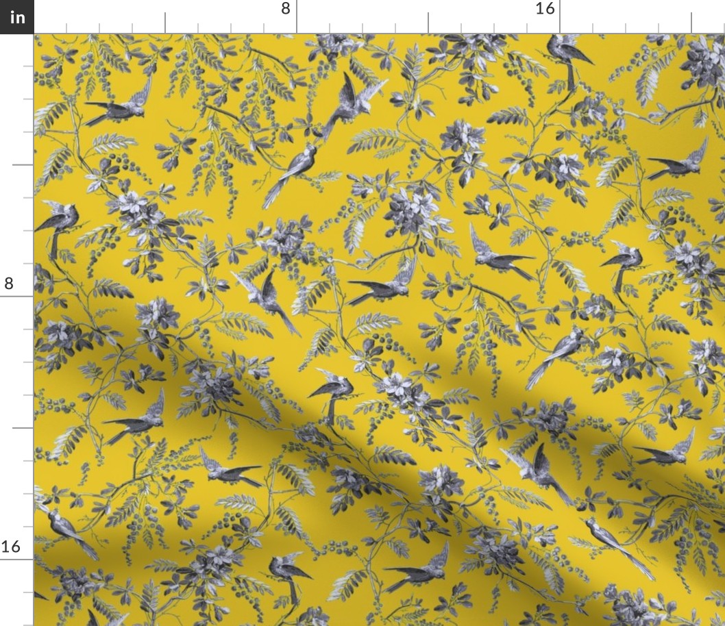 Traditional Grey Bird Print on Yellow Ground