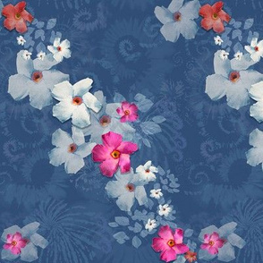 6x8-Inch Repeat of Flow of Mandevilla Blooms on Navy Blue Background