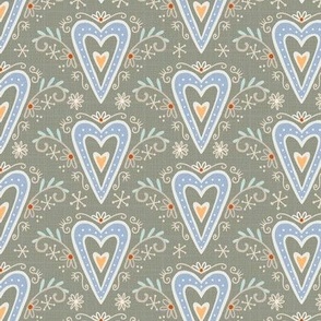 M- hearts with ornaments on grey - Nr.4. Coordinate for Peaceful Forest- 5"fabric / 3" wallpaper