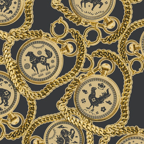 Chinese Zodiac Charm Print with Animal Symbols and Gold Chains on a Dark Ground