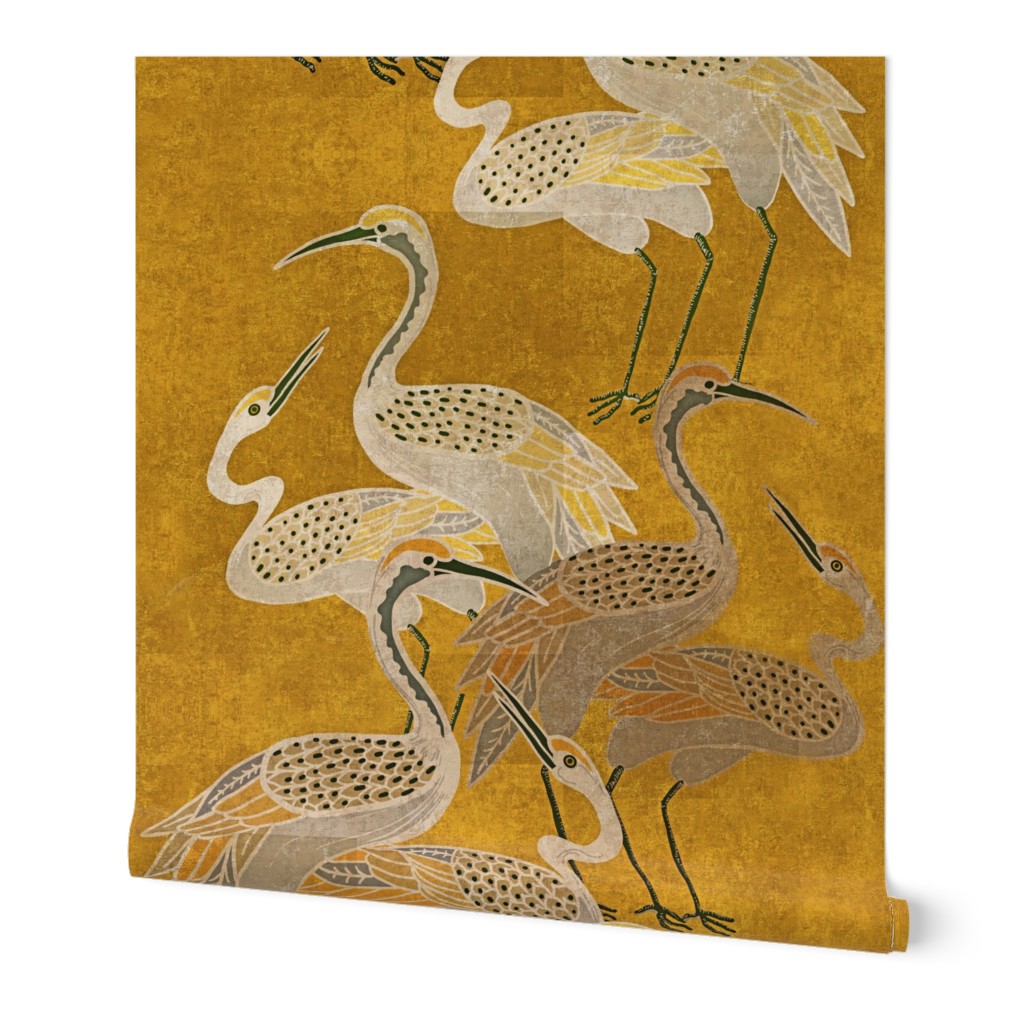 Deco Cranes - Golden Hour - 24 x 35.56 inch repeat scale