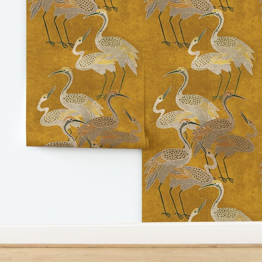 Deco Cranes - Golden Hour - 24 x 35.56 inch repeat scale