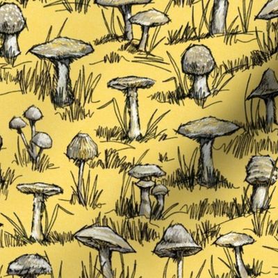 Toile Wild Mushrooms |Sm| Yellow Texture-Gray-Black-White