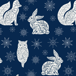 Owl bunny fox and deer and stars blue and white