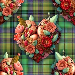 FLOWERY HEART ON MADRAS PLAID GREEN SHADES FLWRHT