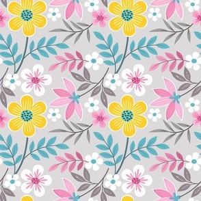 Medium Dainty Spring Daisy Flowers in Pale Pastel Pink Bright Yellow and White on Light Grey Background