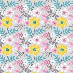 Small Spring Daisy Flowers in Pale Pastel Pink Bright Yellow and White on Light Grey Background
