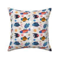 Medium Colorful Swimming Fish in Blue Gold Coral Pink